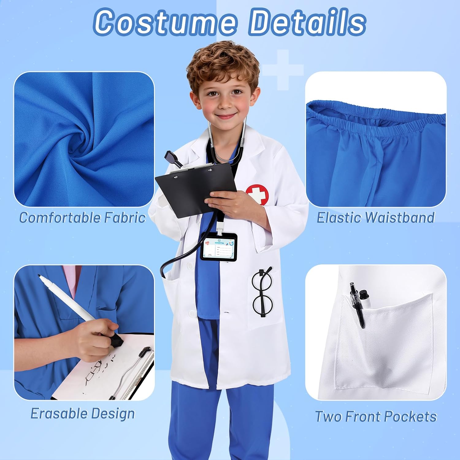 Detalle de Wuclad 12-Piece Kids' Doctor Costume with Scrubs, Lab Coat and Accessories