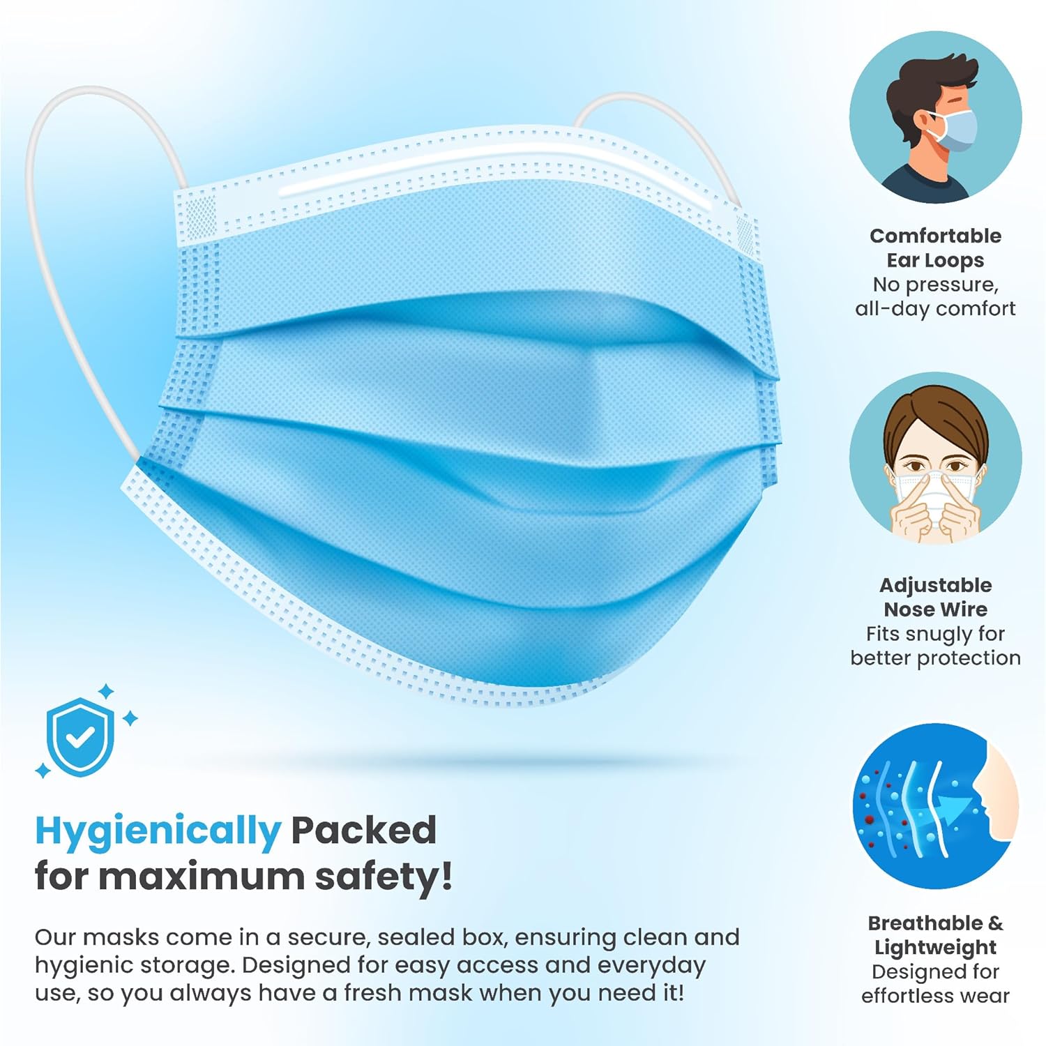 Detalle de PURE GEM 150-Pack: 3-Ply Disposable Blue Face Masks