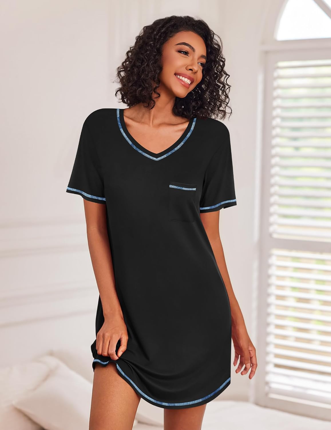 Detalle 2 de Ekouaer 3-Pack Women's Short-Sleeve V-Neck Nightgowns with Chest Pocket