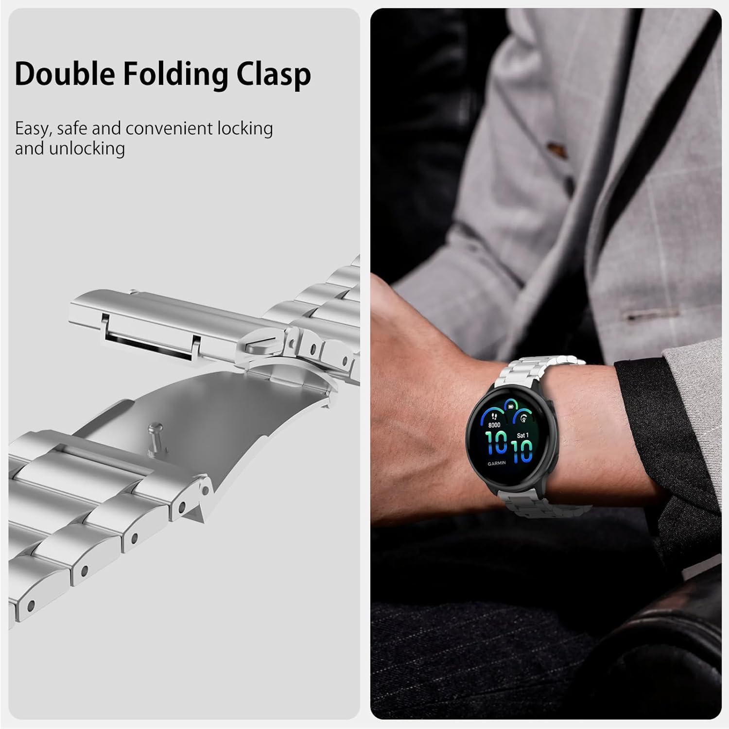 Thumbnail 4 de SumRioo 20mm Stainless Steel Strap (Metal Band) for Garmin Vivoactive, Venu & Forerunner models – Silver