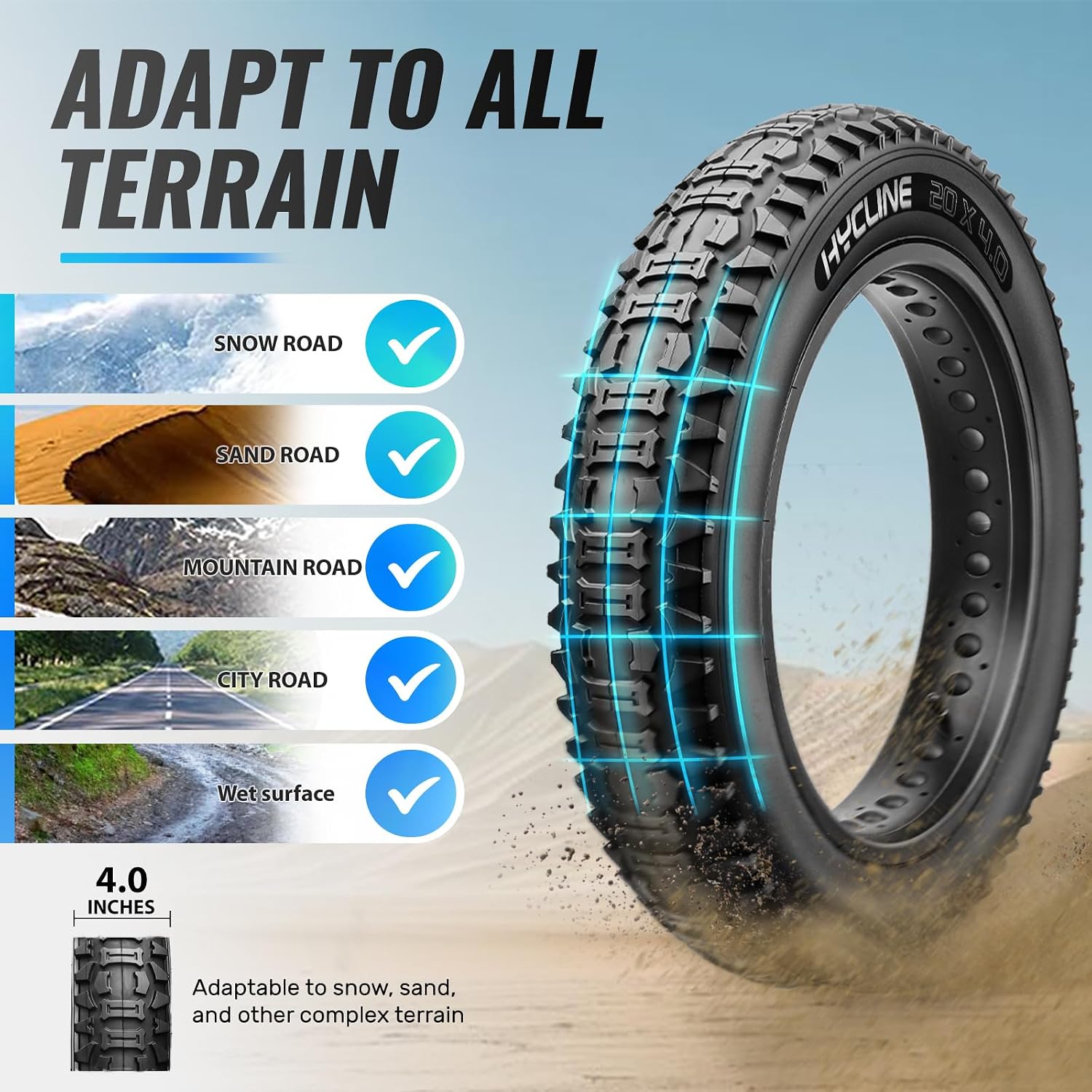 Detalle de Hycline Fat Tire Replacement Kit for E-Bikes (20x4.0 / 26x4.0) – Durable All‑Terrain Tubeless Ready Simulation