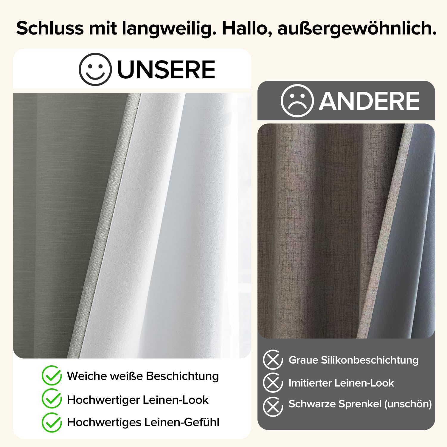 Detalle de Runyéla Verdunkelungsvorhänge in Leinenoptik – 2er Set, 175 cm hoch, 140 cm breit, hellgrau