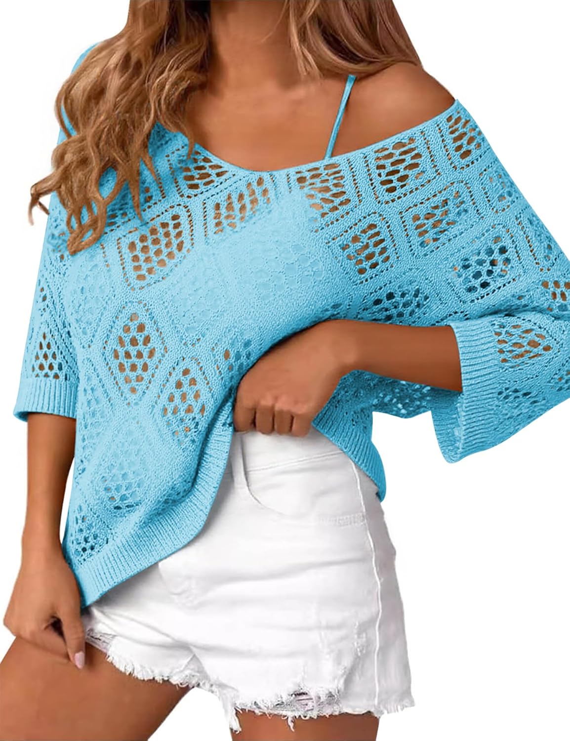 Detalle de LOMON Women's 3/4 Sleeve Crochet Off-Shoulder Hollow Out V-Neck Sweater - Casual Beach Cover Up