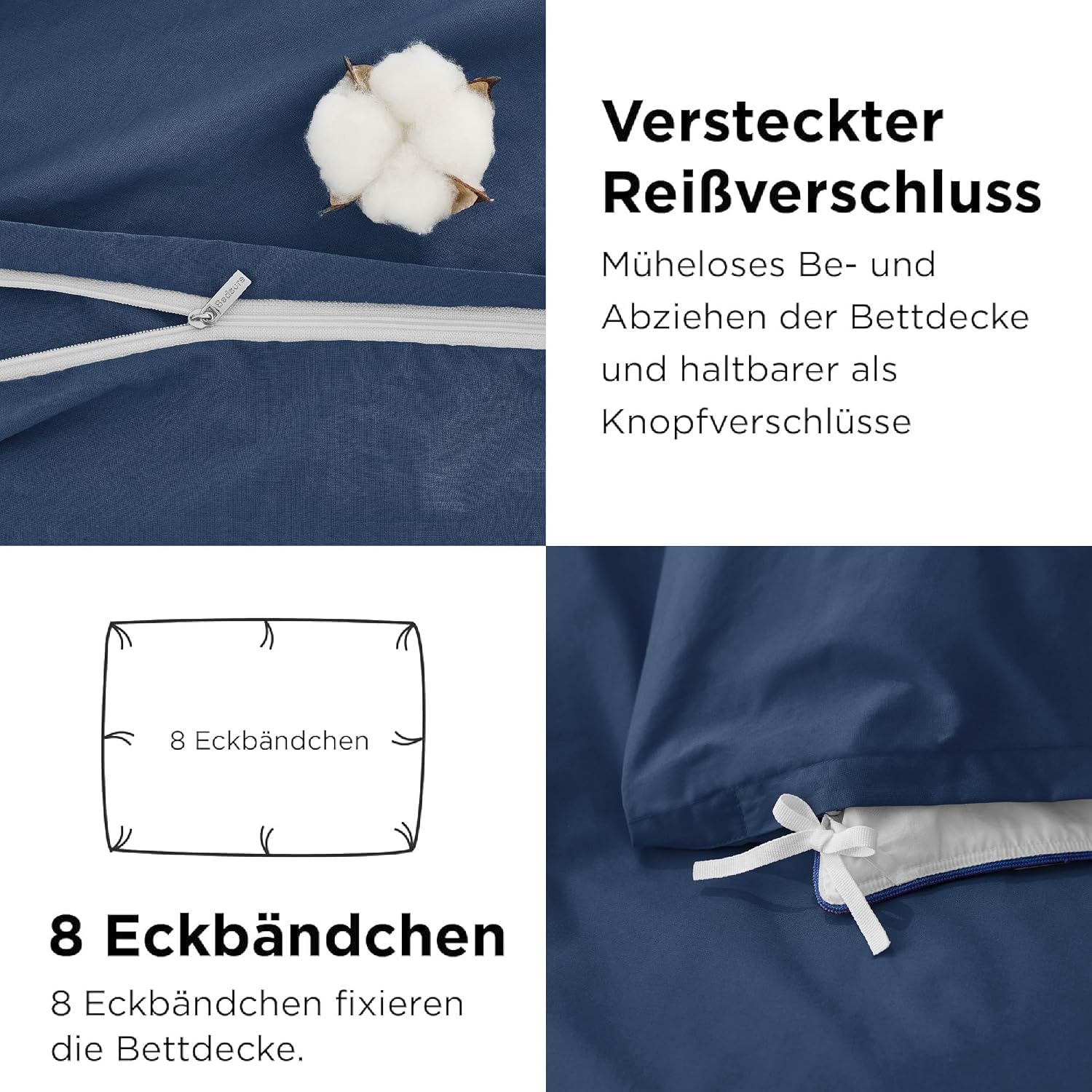 Detalle de Bedsure Bettwäsche 135x200 aus Baumwolle, 4-teilig (Bettbezug + 2 Kissenbezüge 80x80), blau, mit Reißverschluss