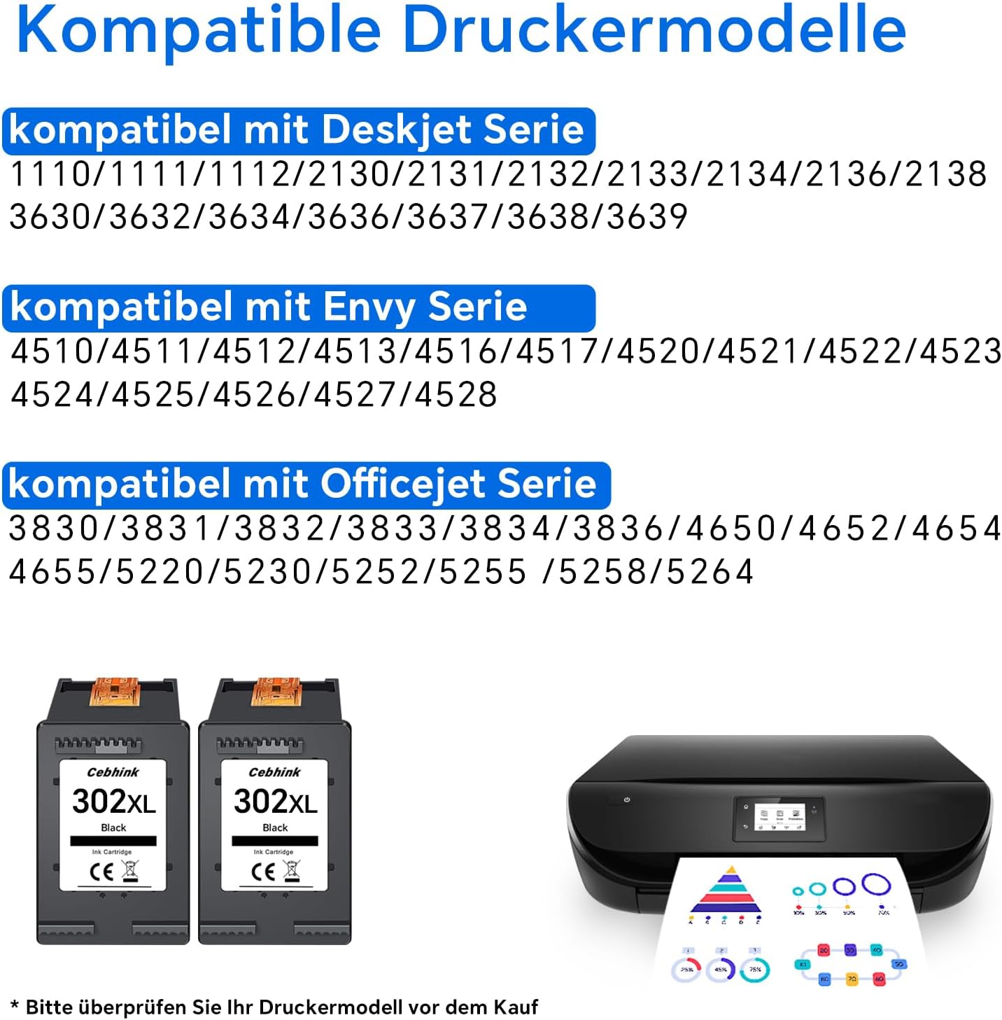 Detalle de Cebhink 302XL Schwarz kompatible Ersatz-Patronen für HP 302 (2 Stück)