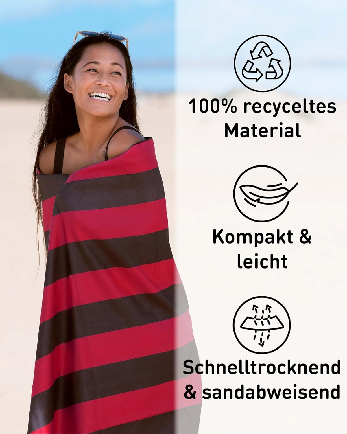 Thumbnail 5 de Fit-Flip XXL Mikrofaser-Strandtuch: 160x90 cm, recycelte Mikrofasern, sandabweisend & schnelltrocknend – Weinrot/Dunkelgrau gestreift