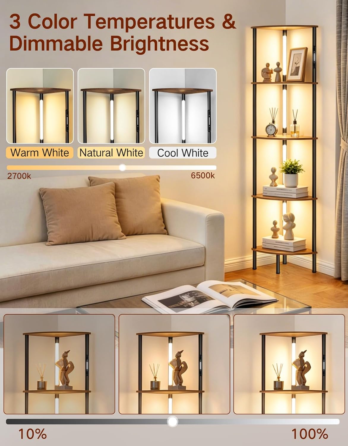 Detalle de OUTONLIFE LED Floor Lamp with Shelves (Rustic Brown) – 3 Colour Temps, Touch & Remote