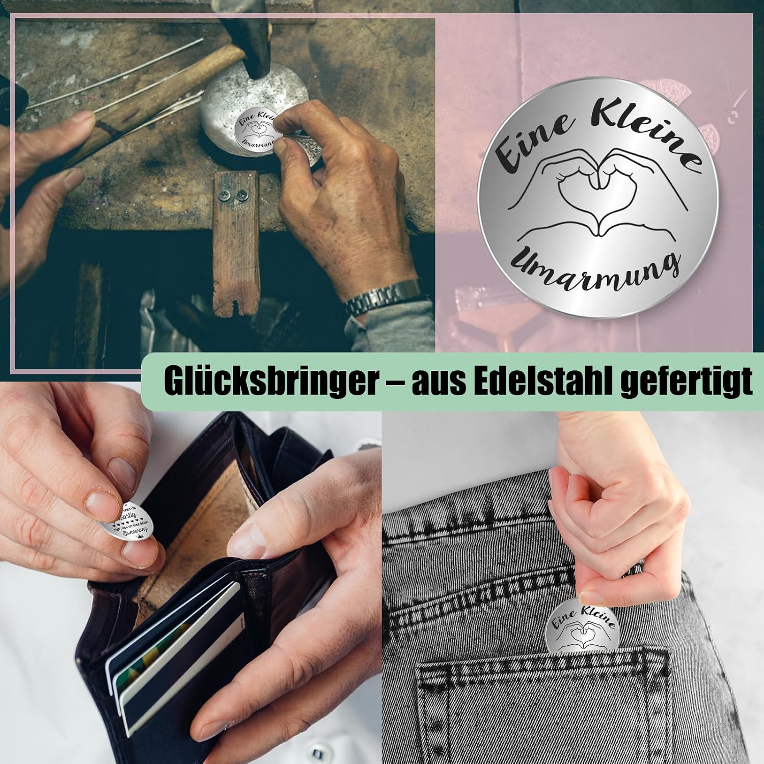 Thumbnail 3 de Tixlux Pocket Hug Positive Herzpflanzen-Figur – handgenähte Strickwolle Herzpflanze mit Mini-Glücksbringer