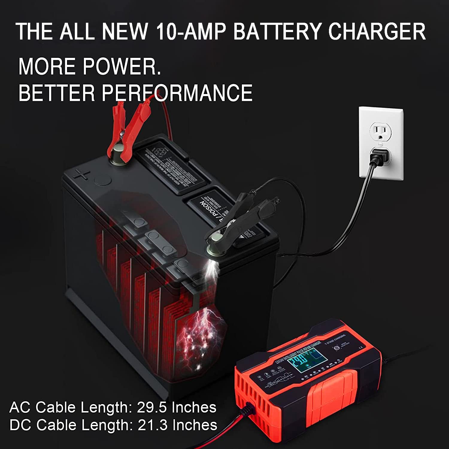 Thumbnail 4 de 10A Autobatterie Ladegerät, 12V/24V Smart vollautomatische Batterie Ladegerät mit 7-Stufiger Ladung und LCD-Bildschirm Batterie Ladegerät, geeignet für AGM, Wet und Gel-Blei-Säure-Batterien
10A Autobatterie Ladegerät, 12V/24V Smart vollautom…
