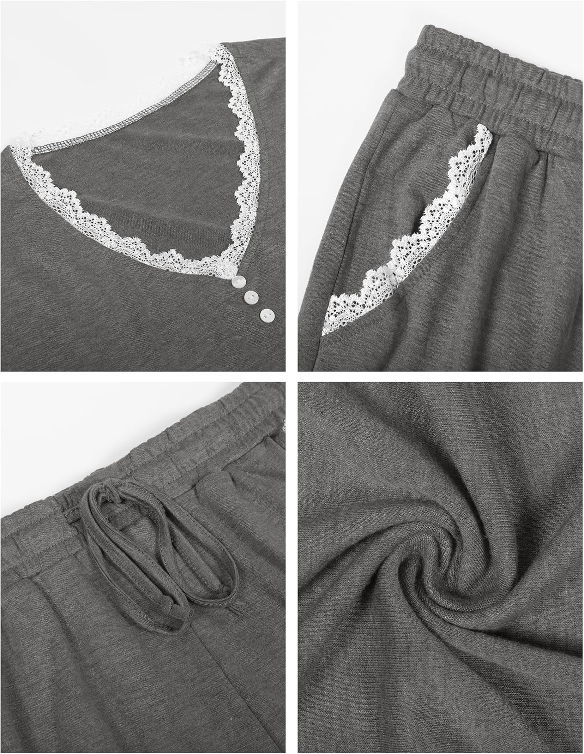 Detalle de Namatime Damen Schlafanzug Lang — Baumwolle, Spitze & Taschen