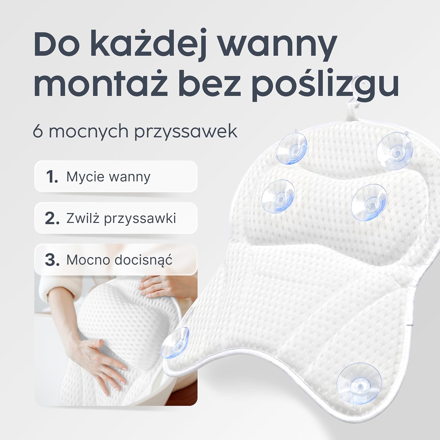 Detalle de Vesta+ BK-L-W – biała poduszka do wanny XXL, 6 przyssawek, siatka 3D