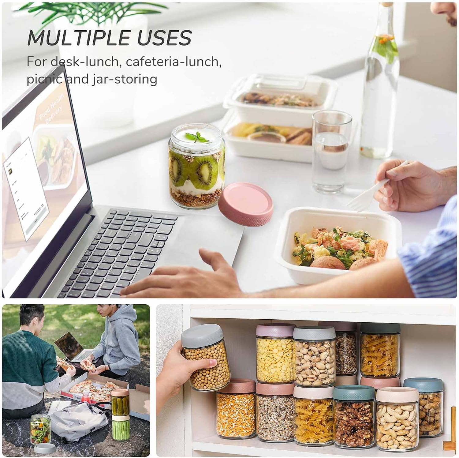 Thumbnail 6 de Eidoct 6-Pack 450ml Glass Jar Pots with Screw Lids for Leakproof Overnight Oats (6 Colours)