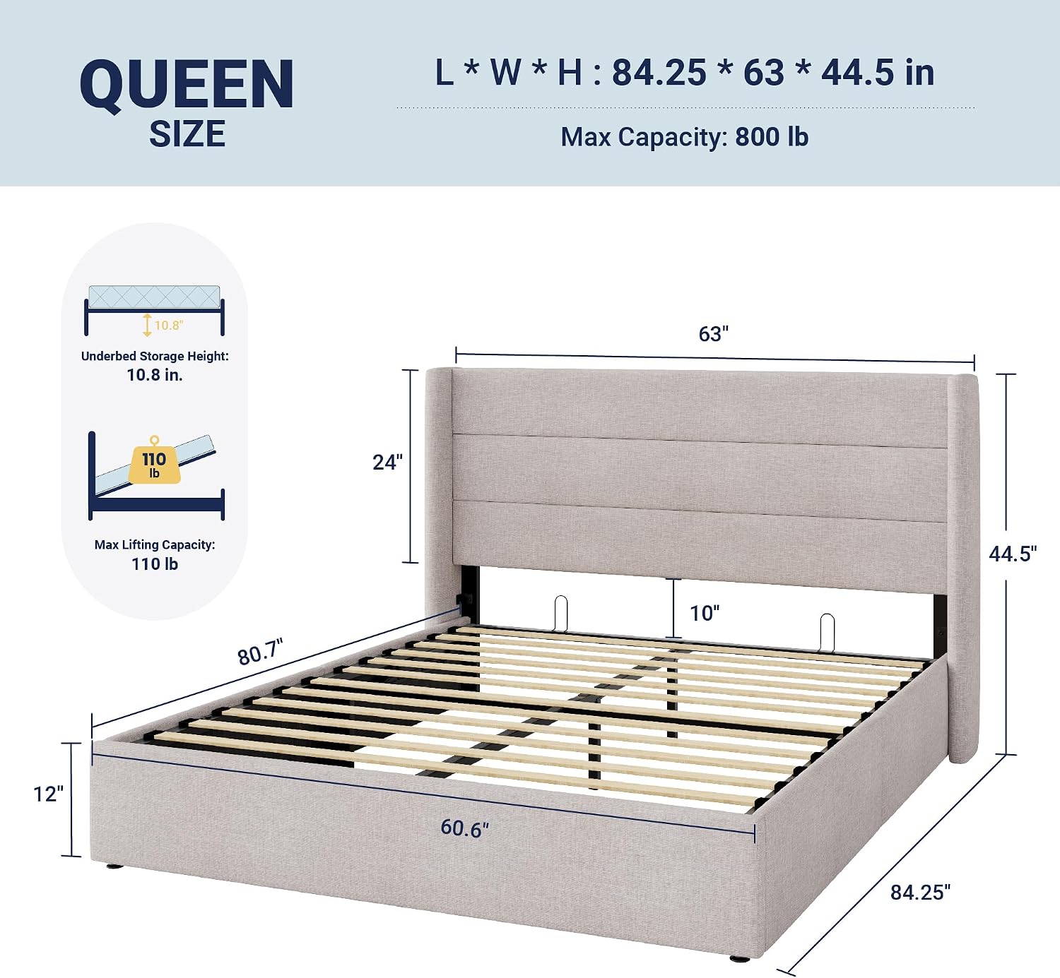 Detalle 2 de Allewie Queen Size Lift Up Storage Bed Frame, Light Beige Upholstery