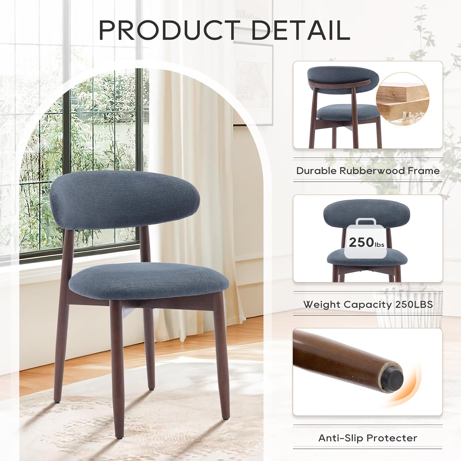 Detalle 2 de COLAMY D6270US Dining Chairs, Blue Fabric Upholstery, Rubberwood Frame, Set of 2