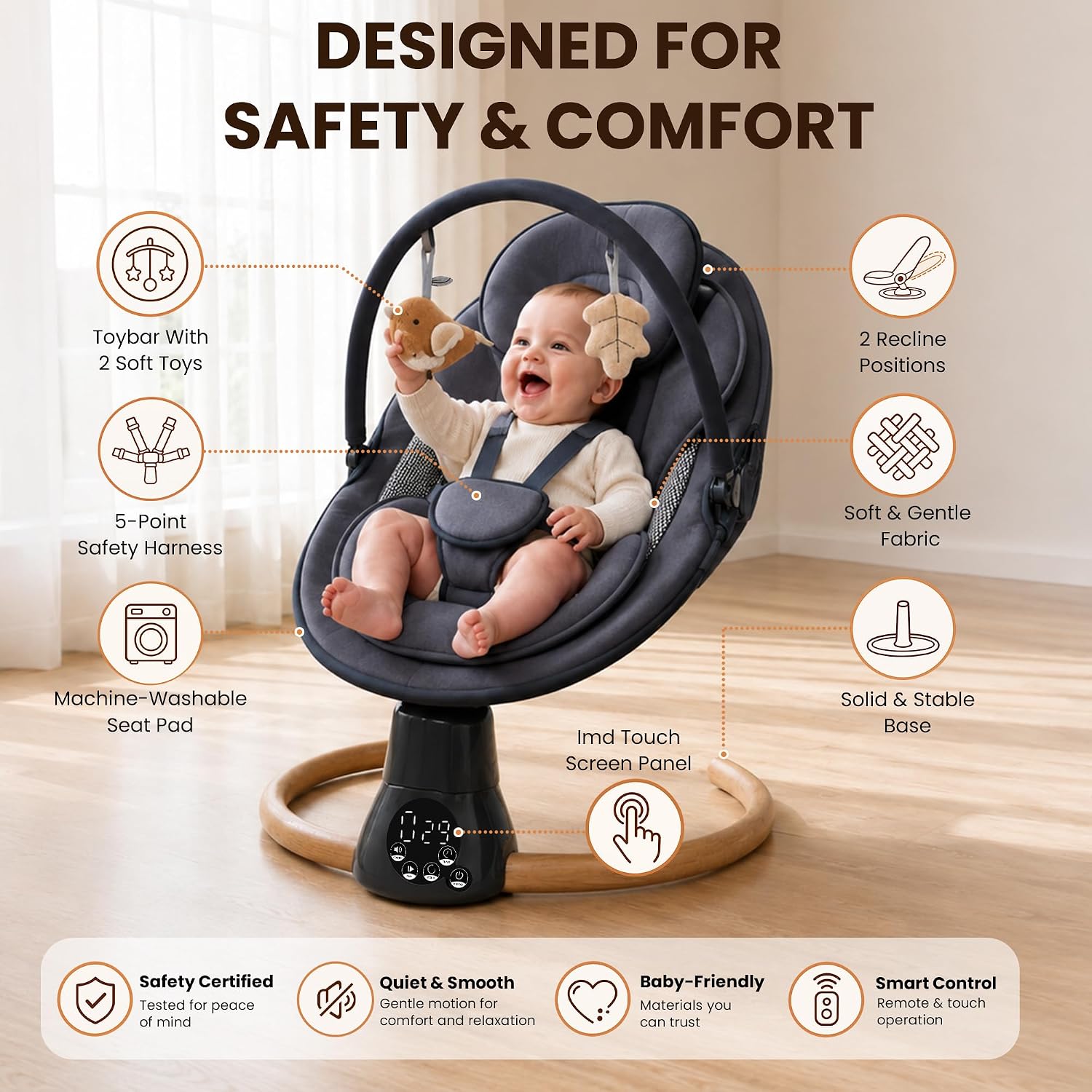 Detalle de Cochymi Electric Baby Swing with 5 Sway Angles and 2 Recline Positions
