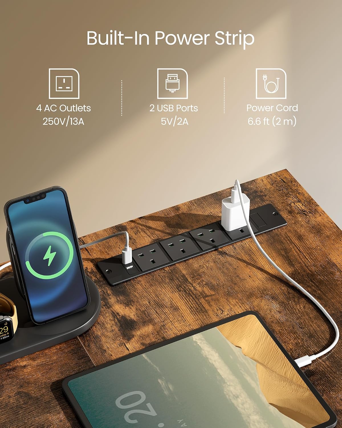 Thumbnail 4 de VASAGLE Rustic Brown L-Shaped Computer Desk with Monitor Shelf, LED Lights, 2 Drawers, 2 USB Ports