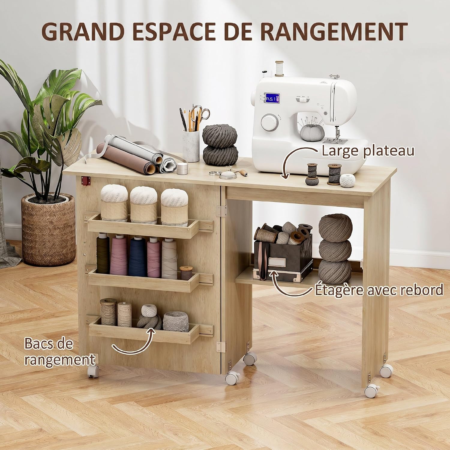 Detalle de HOMCOM L10-002V80ND opvouwbare naaitafel met klapblad en opbergruimte