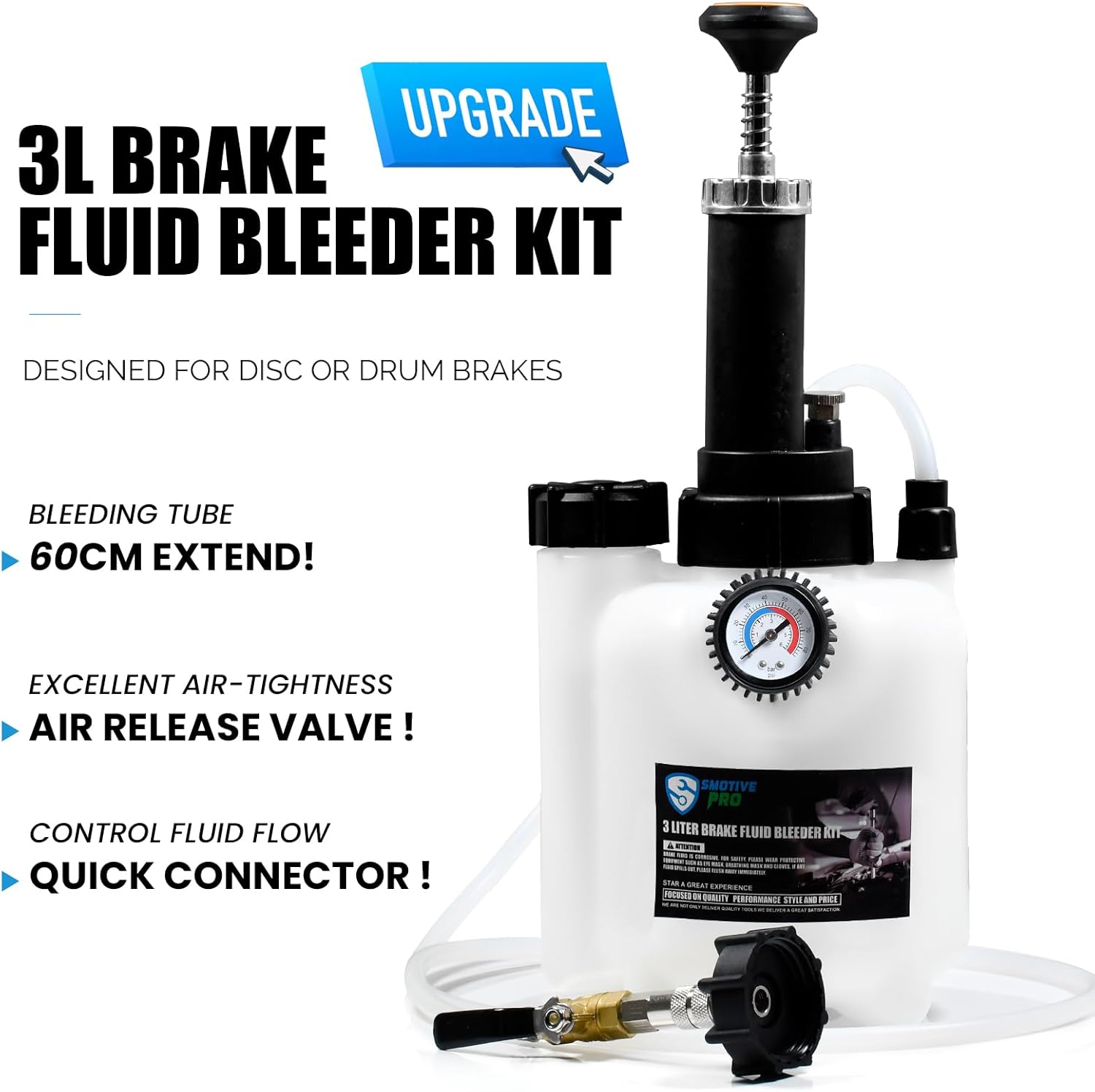 Detalle de SMOTIVEPRO Brake Bleeding Kit: 3L Manual Bleeder with 1L Bottle and E20 Master Cylinder Adapter