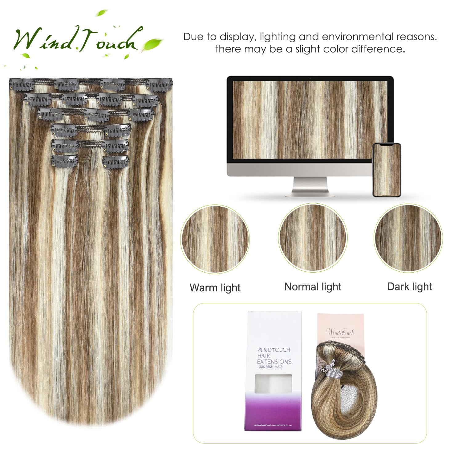 Detalle de WindTouch Clip-In Hair Extensions (Real Human Hair) Thick Ash Blonde to Platinum Blonde Highlights, 22 in, 120g (7 pieces)