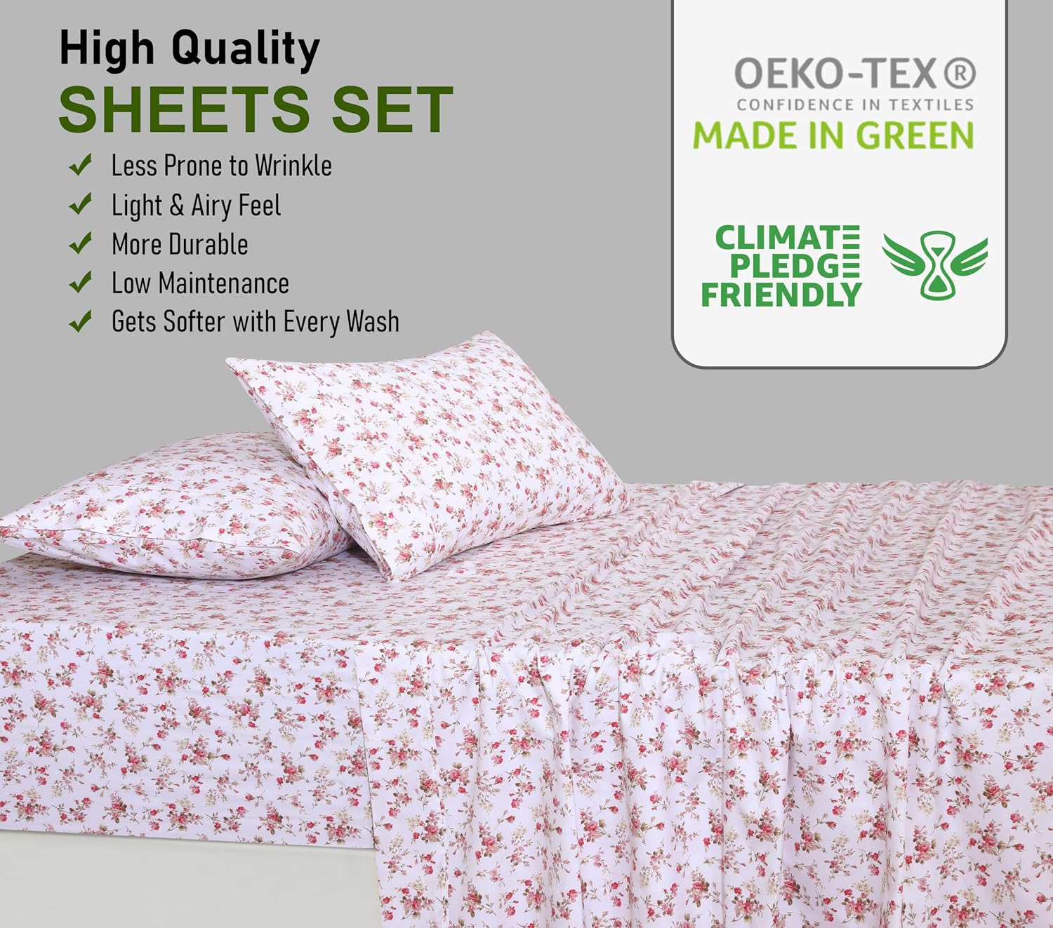Thumbnail 6 de RUVANTI 100% Cotton Queen Percale Sheet Set (4-Piece) – 16-Inch Deep Pocket, Cooling Floral Bouquet