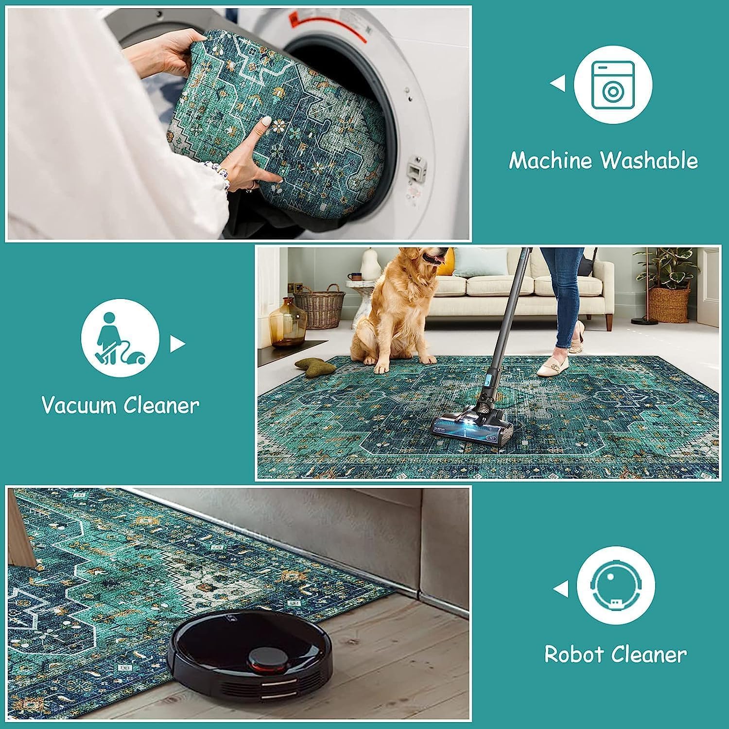 Detalle de Moynesa Ultra-Thin 4 ft Round Area Rug, Teal Oriental Floral, Washable Low-Pile