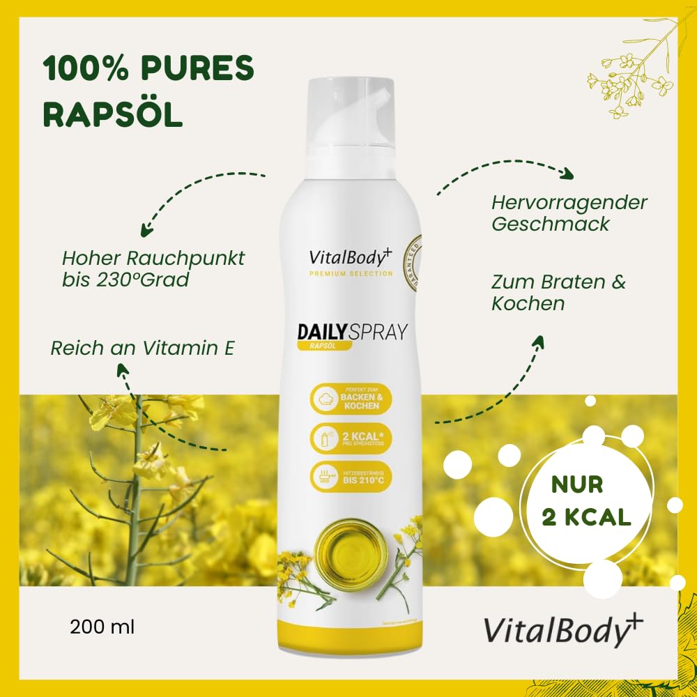 Detalle 2 de VitalBody+ DailySpray 4er Pack – Rapsölspray zum Braten, Grillen & Backen (2 kcal pro Sprühstoß, 800 Portionen pro Flasche, laborgeprüft)