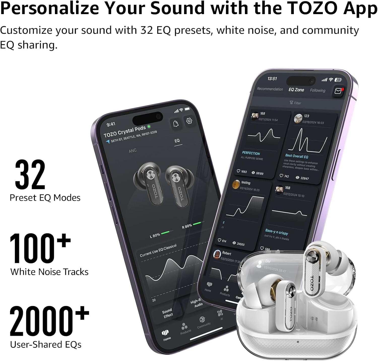 Thumbnail 4 de TOZO Crystal Pods : écouteurs Bluetooth 5.4 avec ANC hybride, IA pour les appels et autonomie jusqu’à 35 h