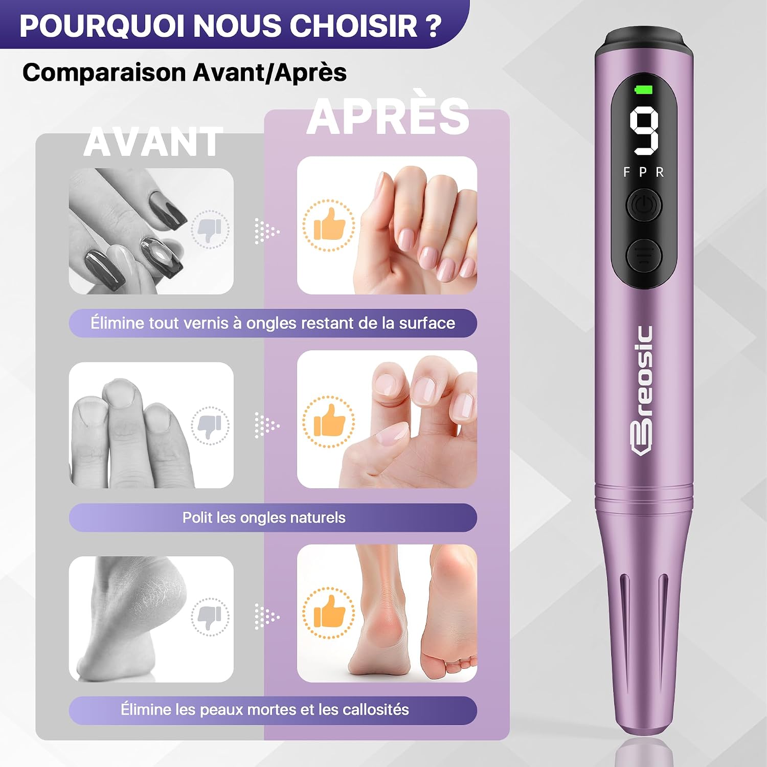 Detalle de Breosic Ponceuse pour Ongles Professionnel – Lime à Ongle Électrique Violet
