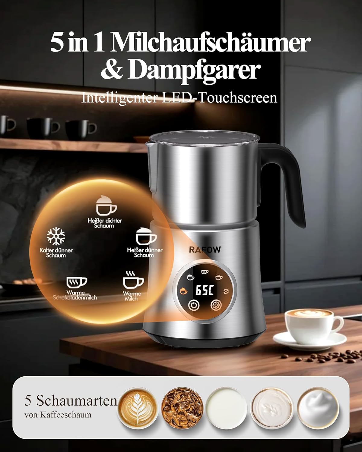 Thumbnail 1 de Elektrischer Milchaufschäumer 5-in-1 (500 ml) – Automatik für heißen & kalten Milchschaum, Latte & Cappuccino