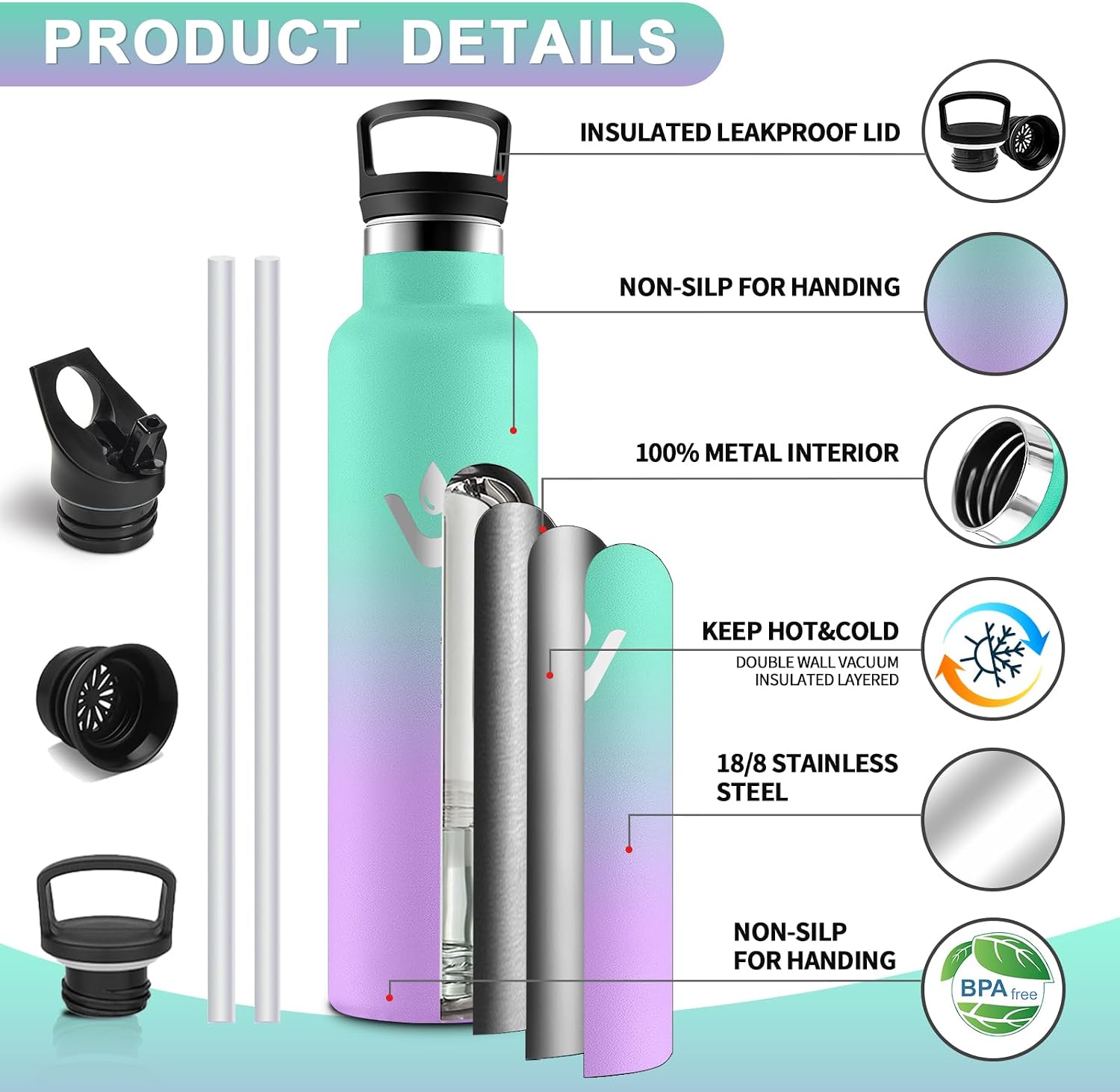 Detalle de Motswedi Gourde isotherme 1 l avec paille et poignée – inox anti-fuite