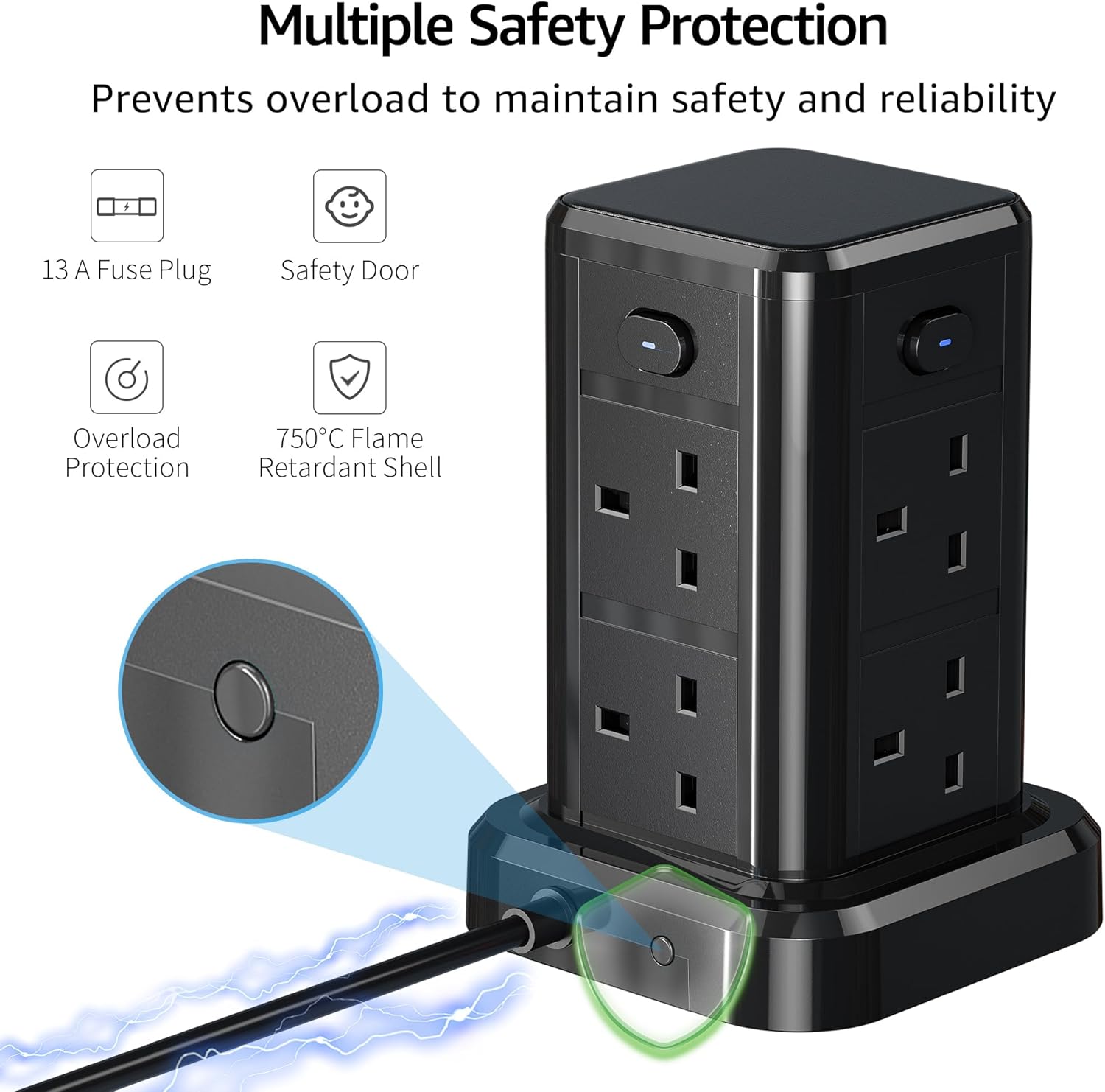 Thumbnail 3 de Tower Extension Lead 8‑Way with 6 USB, 13A 3250W 🔌