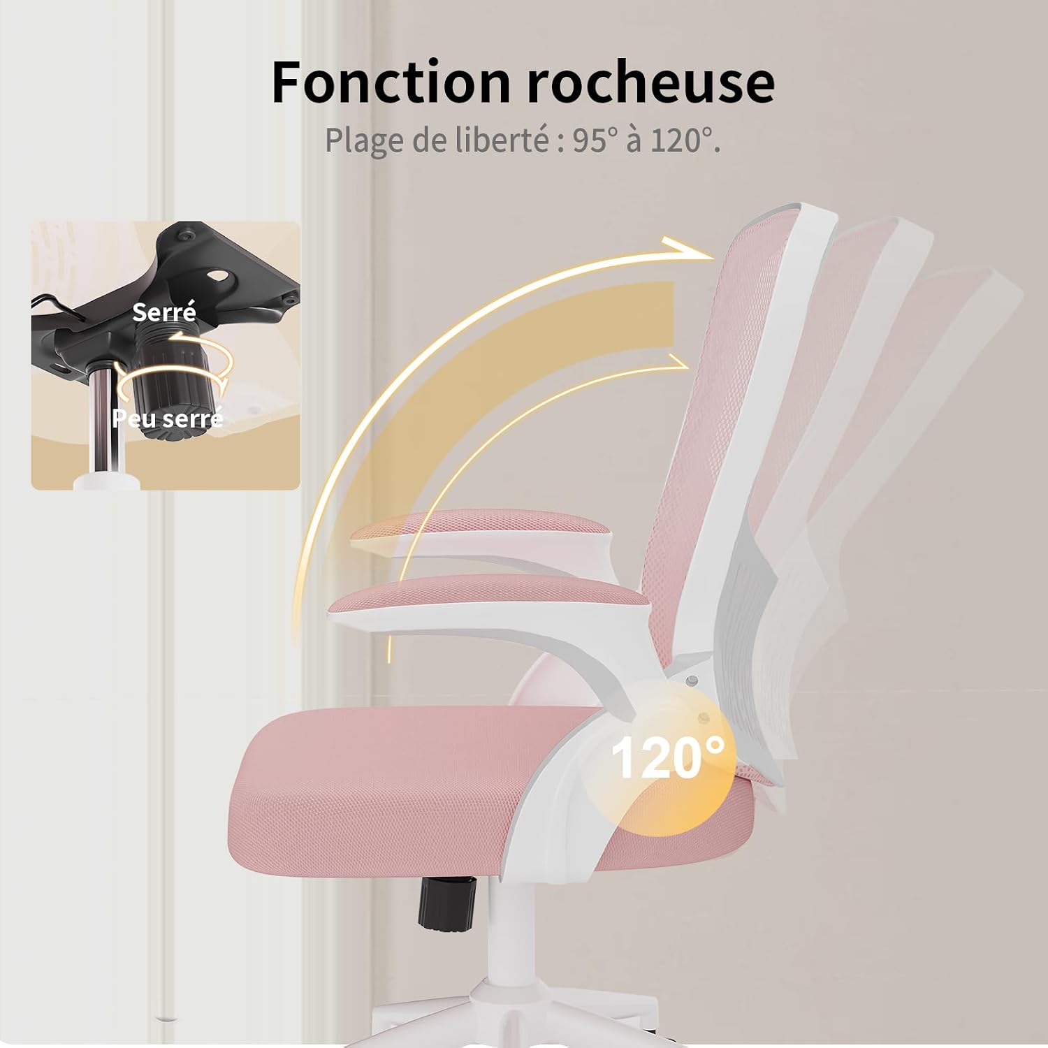 Thumbnail 2 de naspaluro Chaise de bureau ergonomique avec accoudoirs rabattables, dossier avec rangement et pivot 360° (rose)