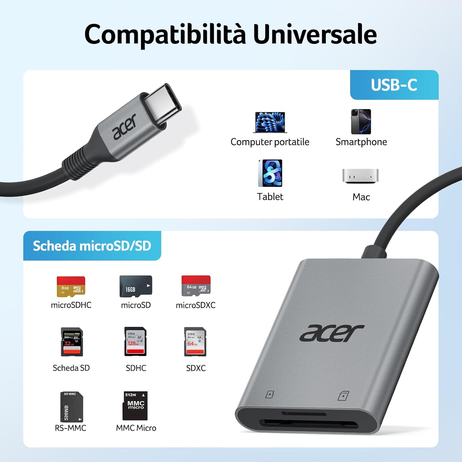 Thumbnail 6 de Lettore di schede SD USB C Acer: lettura/scrittura simultanee e compatibilità ampia