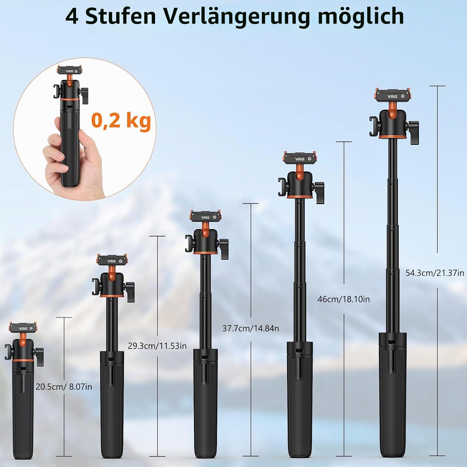 Detalle de VRIG 54 cm Action Kamera Selfie Stick Stativ für DJI Osmo Nano/Action 6 mit Zweiwege Magnetverschluss