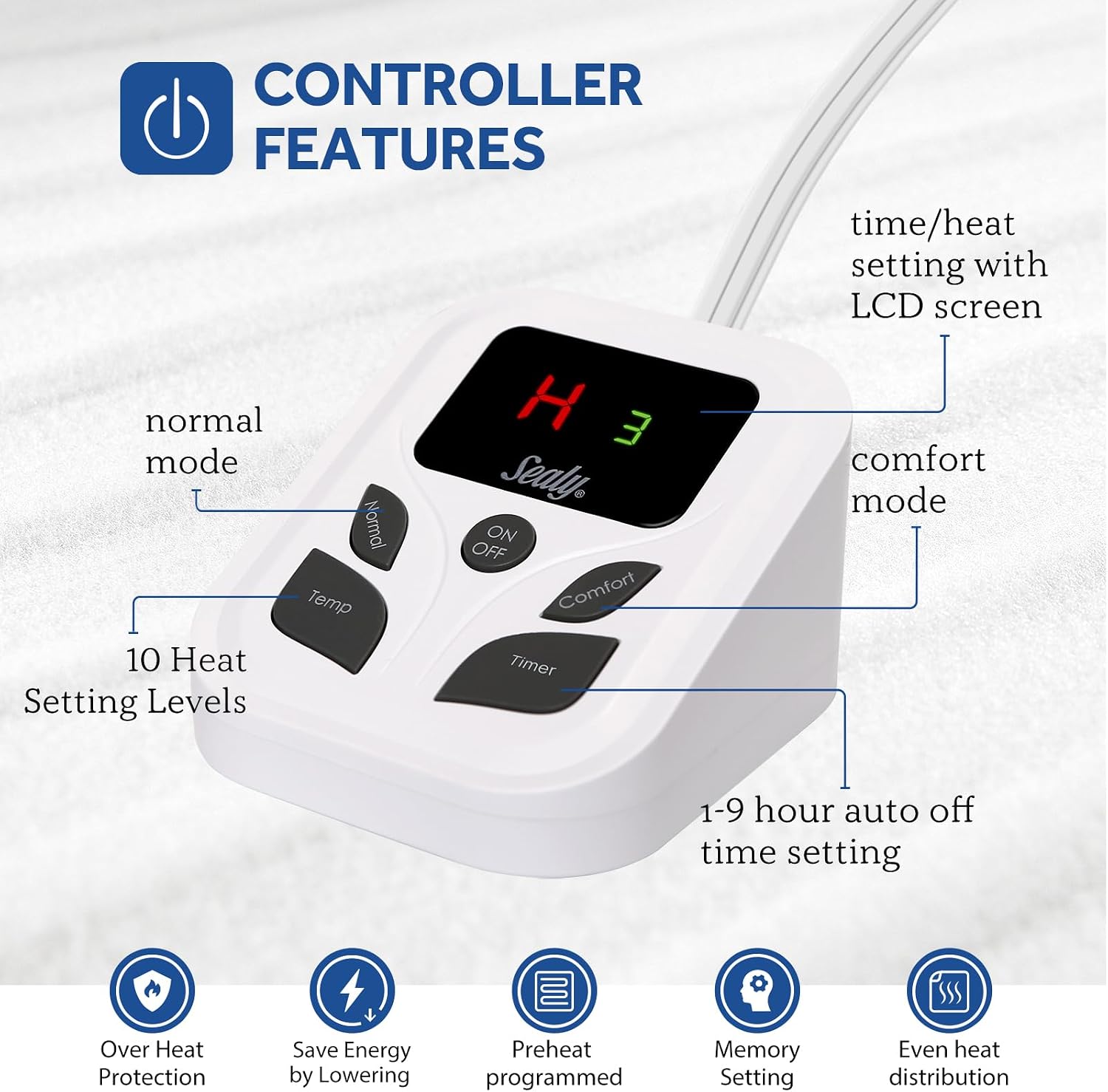 Detalle 2 de Sealy Twin Heated Mattress Pad, Machine Washable with Auto Shutoff