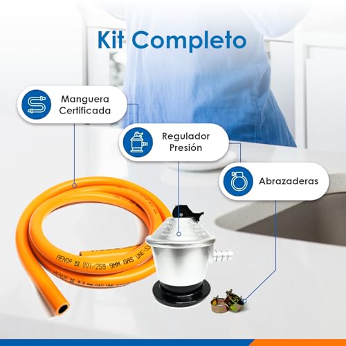Detalle 2 de Cia&Co Kit Regulador Gas Butano 30 mbar + Manguera 1,5 m + Abrazaderas (Classic - 1,5 m)