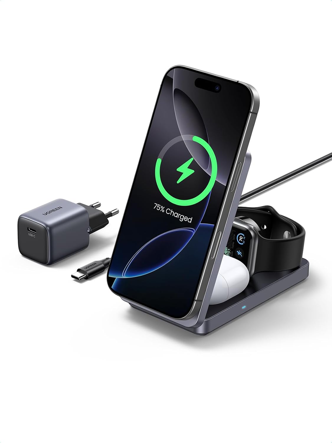 Detalle de UGREEN MagFlow Qi2 3-in-1 laadstation, 15 W, opvouwbaar en verstelbaar