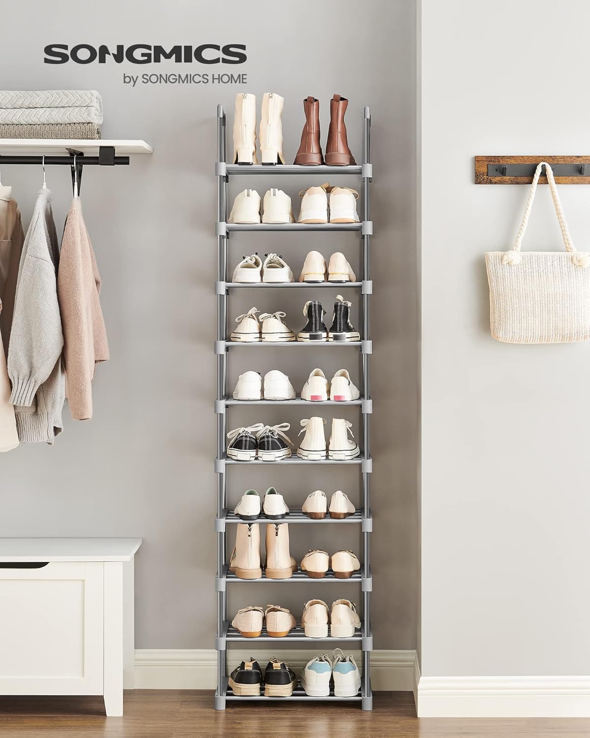 Detalle de SONGMICS Schuhregal mit 10 Ebenen – platzsparend, verstellbar und robust aus Metall, grau (LSA025G02)