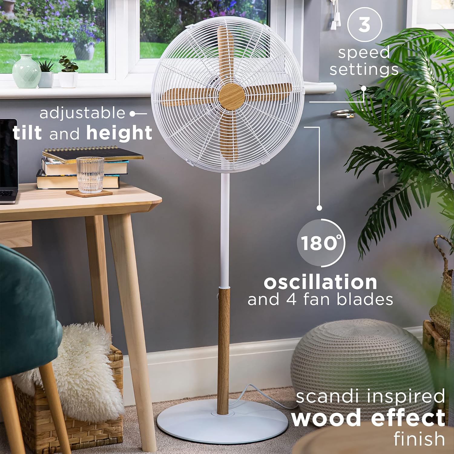 Thumbnail 2 de Russell Hobbs RHMPF1601WDW 16" Scandi Electric Pedestal Fan (White & Wood Effect)