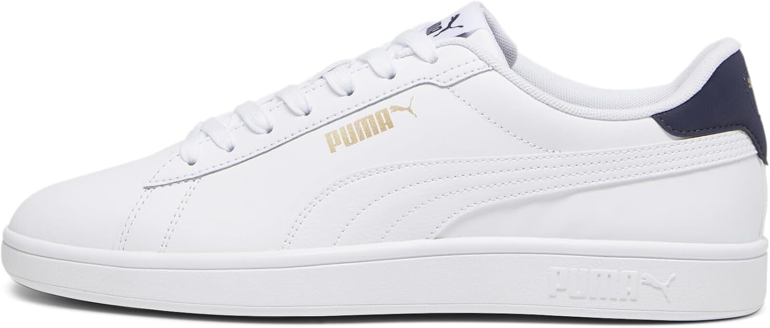 Detalle de PUMA Smash 3.0 Unisex — Baskets élégantes en cuir, blanc/bleu/or (TAILLE 43 EU)