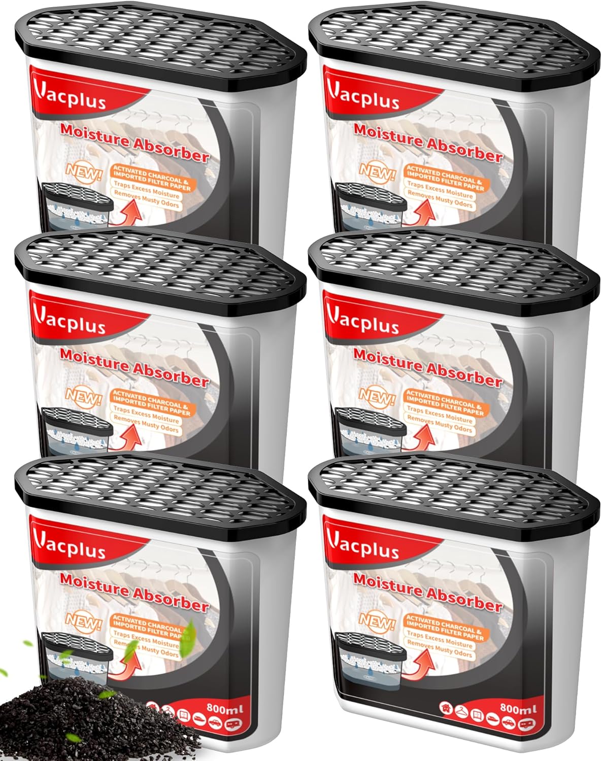 Detalle de Vacplus Moisture Absorbers 6 Pack: Portable, Fragrance-Free Dehumidifiers for Bathroom, Closet & Car