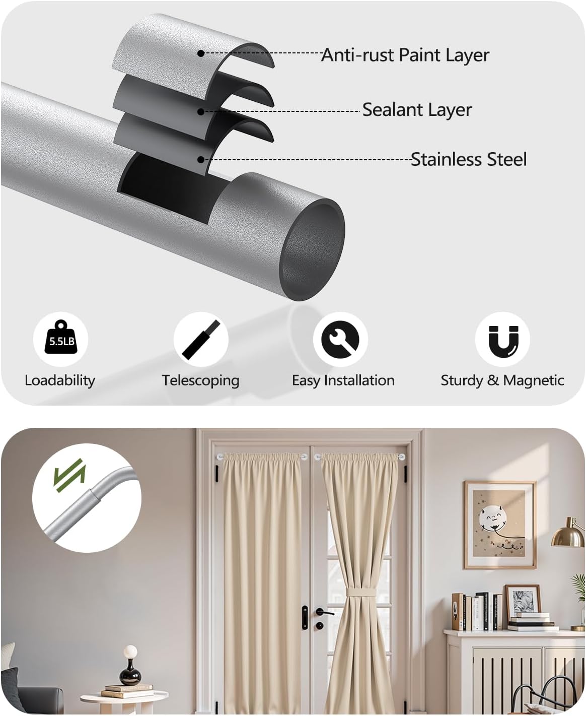 Detalle de Rodzwin CTG Magnetic Curtain Rod, Adjustable 16–30 Inch Nickel Pole