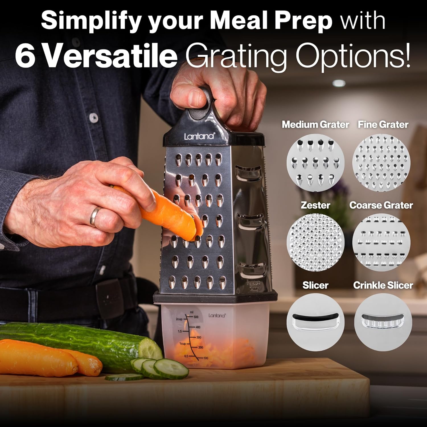 Thumbnail 1 de Lantana Cheese Grater with Container & Lid (6-in-1 Handheld Stainless Steel Box Shredder)