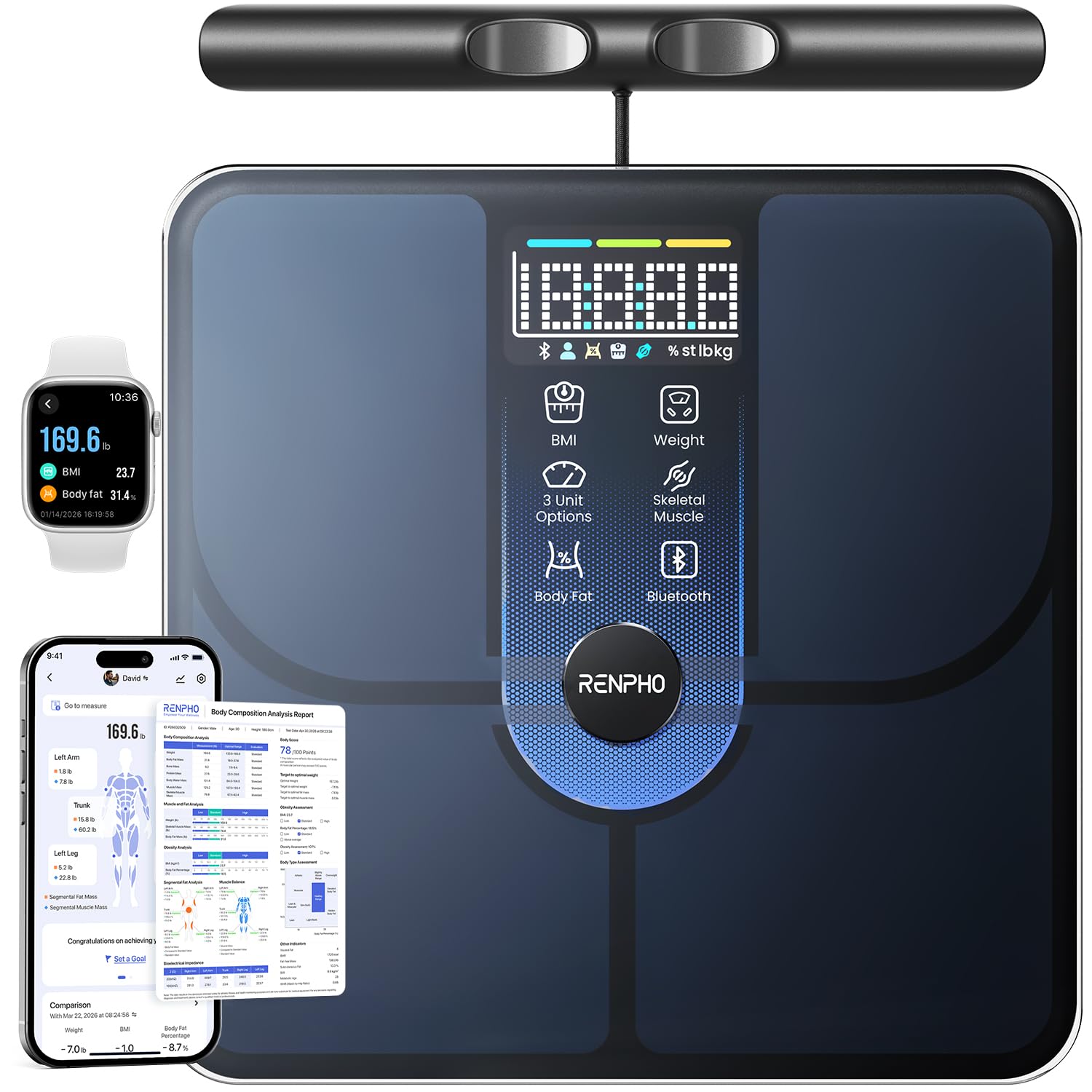Detalle de RENPHO R-MSC06 MorphoScan Lite Body Composition Scale with Handle, 8-Electrode