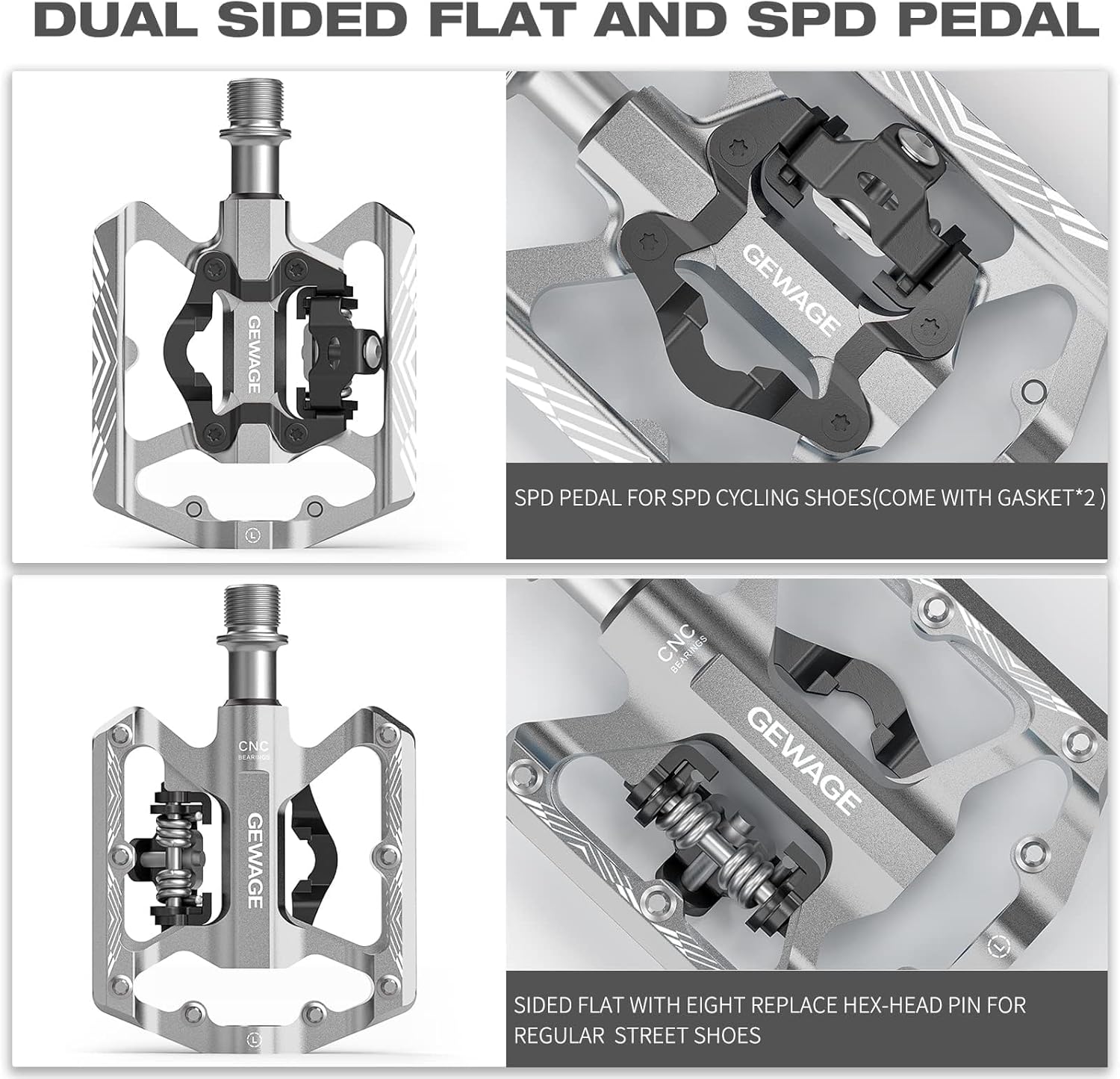 Thumbnail 3 de GEWAGE Pédales vélo SPD 2 en 1 plateforme + SPD avec réflecteurs (tige 9/16) pour VTT, route et vélos électriques