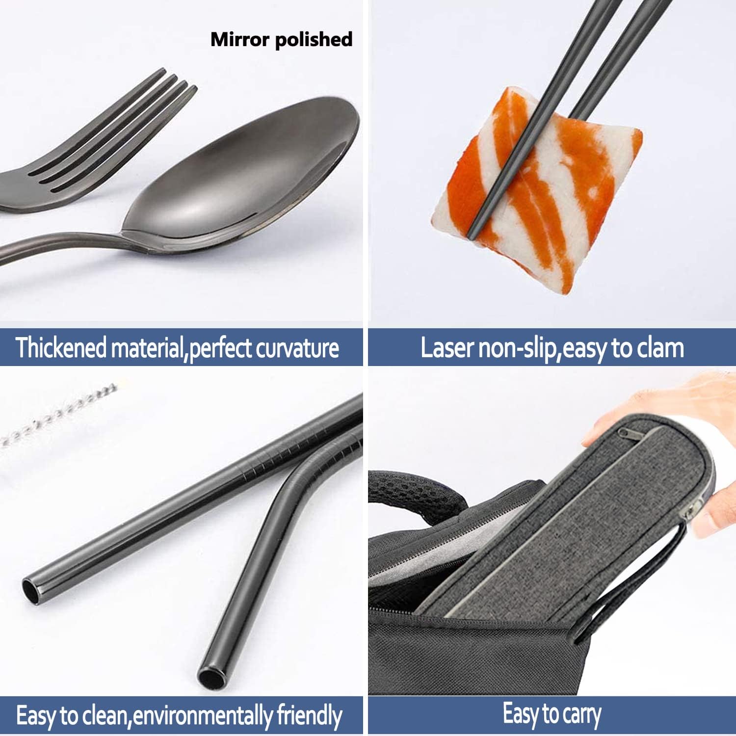 Thumbnail 5 de Hommaly Black Stainless Steel Travel Utensil Set with Case, Chopsticks & Straws