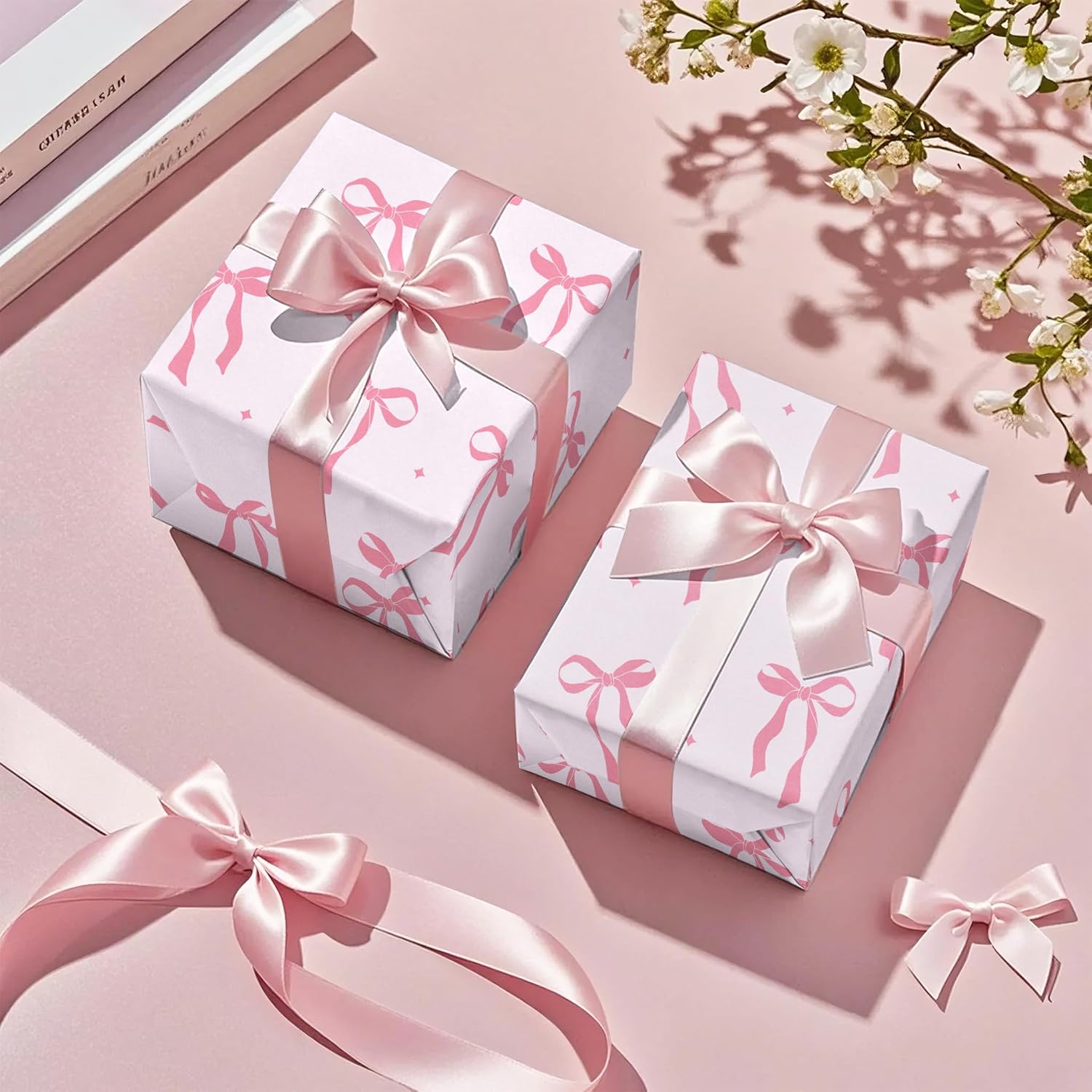 Detalle de RUSPEPA Pink Bow Wrapping Paper Roll – Mini Roll (43.2cm x 5m) with Pink Ribbon Bow Design