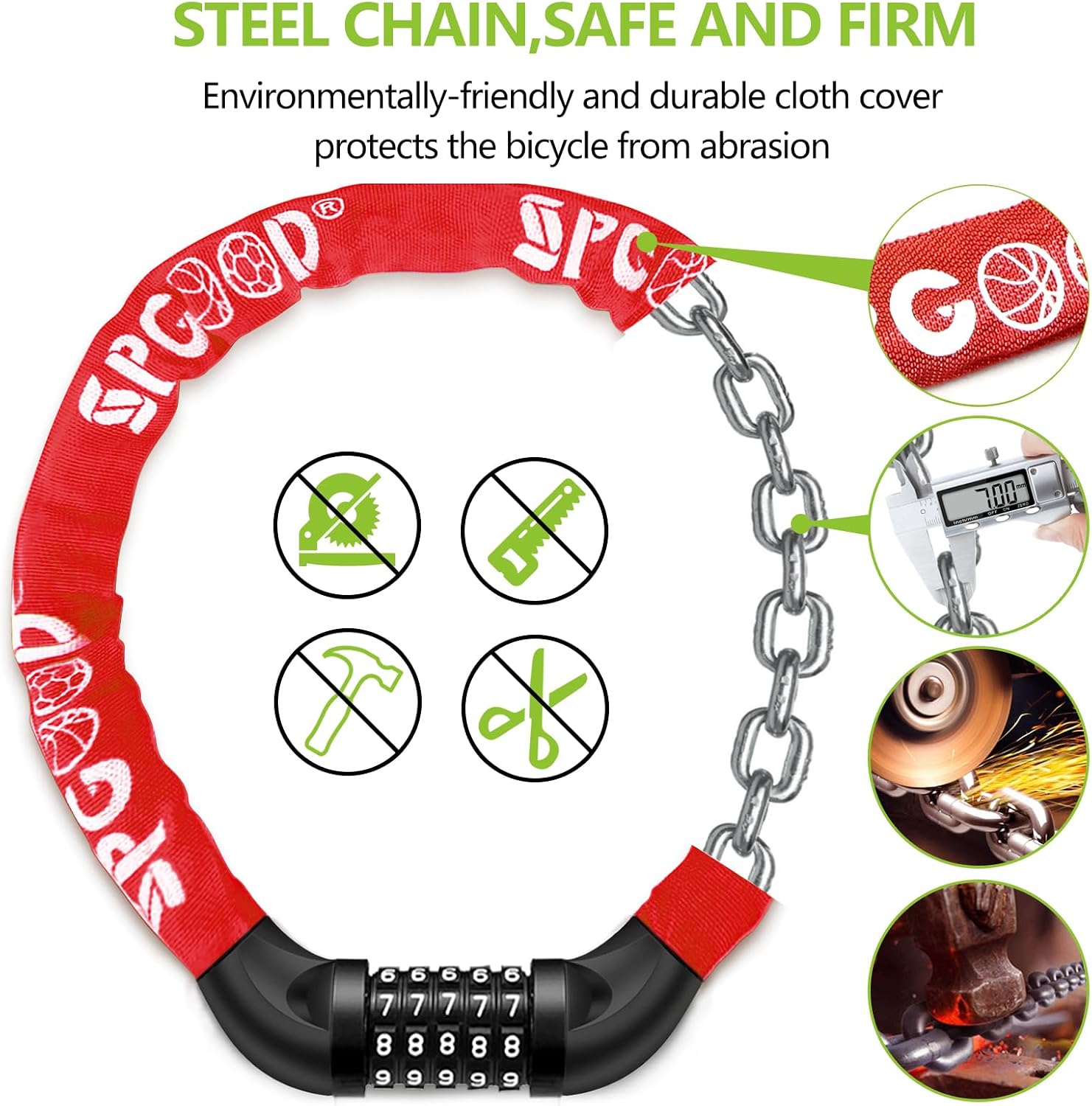 Thumbnail 4 de SPGOOD Heavy Duty Bicycle Lock 830mm Chain 5-Digit Resettable Code