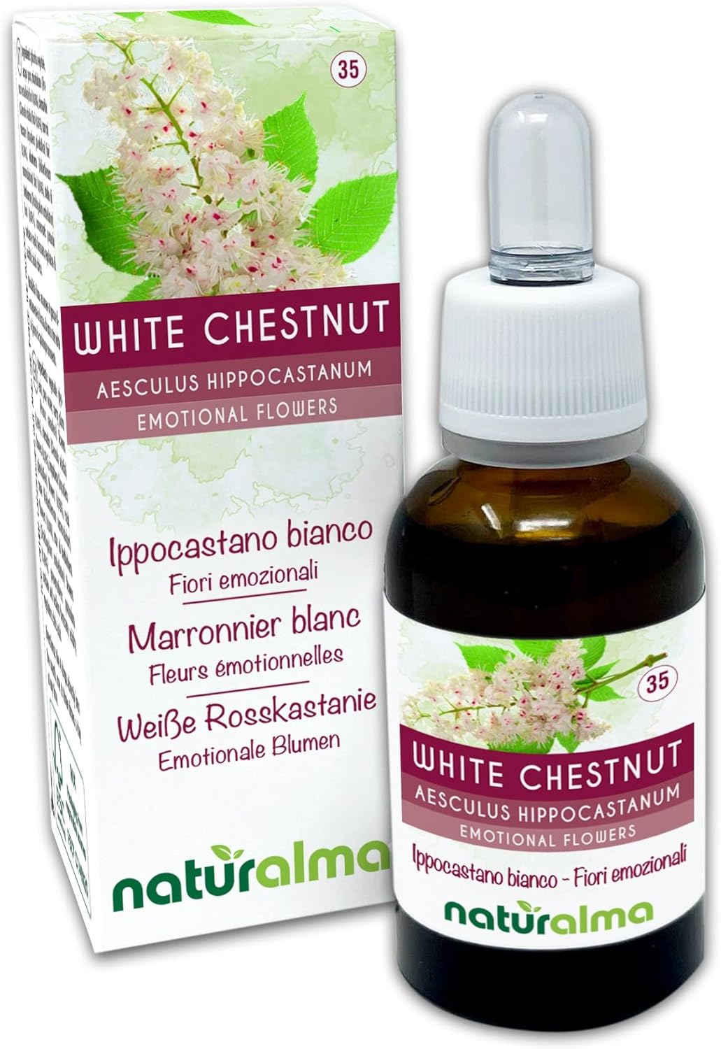 Detalle de White chestnut bianco (Aesculus hippocastanum) Fiori emozionali Naturalma in Gocce 30 ml – Estratto analcoolico, Vegano