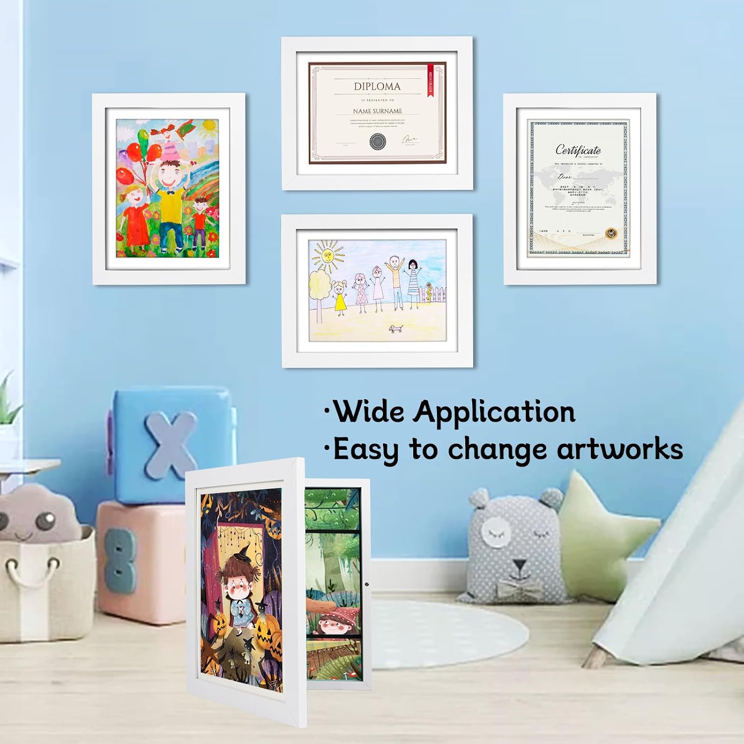 Detalle 2 de wesellcan Kids Art Frame for 8.5 x 11 Artwork, Front-Opening White Frame with Storage
